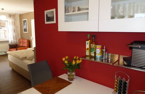 Schwob Apartment | Apartment Studio Haus Irlinger, 28 qm, Wohn-Schlafraum mit Terrasse und Liegewiese