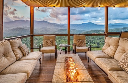 Chalet Village North Cabin | ASTONISHING Luxury Cabin! Majestic VIEWS! Theater! Fire Pits! HUGE Decks Hot Tub