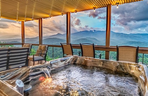 Chalet Village North Cabin | ASTONISHING Luxury Cabin! Majestic VIEWS! Theater! Fire Pits! HUGE Decks Hot Tub