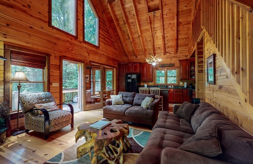 Cashes Valley Cabin | Beautiful Blue Ridge escape w/a game room, private hot tub, & furnished decks