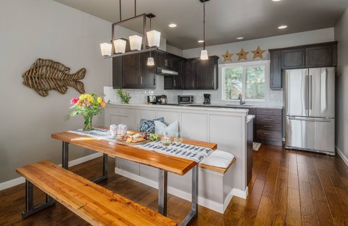 Tolovana Park House | Beautiful reverse floor plan cottage fire pit outdoor shower short walk to beach fireplace, decks