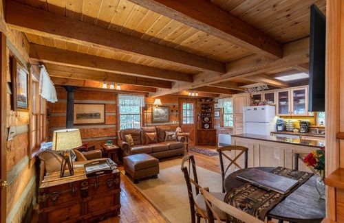 Elk Park House | Creeksong Cabin - log home with fire pit, large creek on property