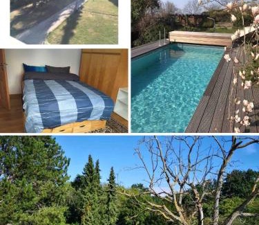 Horchheim Apartment | Doppelzimmer mit neuem Bad und Sportpool-Nutzung außen, im basement cellar der Villa Naturpark, Garten mit Rheinblick