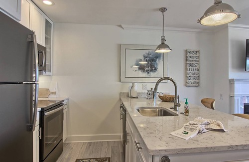 Boyne City Condo | Elevated Lake Charlevoix Views | Private Balcony & Beach Access | Fireplace |