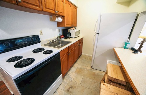 Estes Park Condo | Hot tub suite with full kitchen, patio with river view