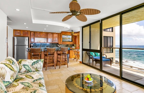 Poipu Condo | Kauai Vacation Rental - Kuhio Shores 319–Oceanfront, Sunset Views, A/C!