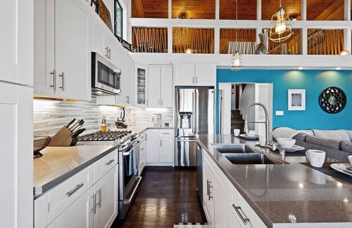 Clear Lake House | Lakefront, 1 King Bed, dock, mist view, electronic firepit