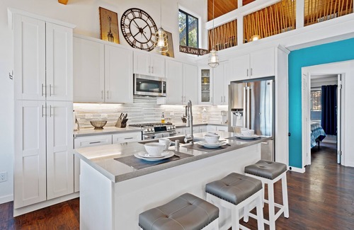 Clear Lake House | Lakefront, 1 King Bed, dock, mist view, electronic firepit