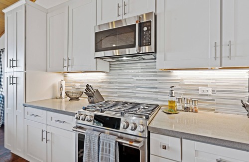Clear Lake House | Lakefront, 1 King Bed, dock, mist view, electronic firepit