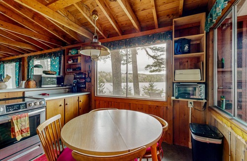 Mount Desert Cabin | Lakefront cabin on Long Pond with wood fireplace, deck, lake views, books