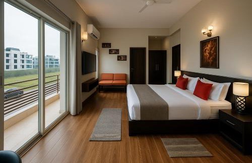 Zira Hotel | Pearl Grand Boutique Cottage in Omaxe Anandam Vrindavan - #premium AC rooms with balcony #big parking #lift #garden #peaceful area #near prem mandir #property of the year #most awarded