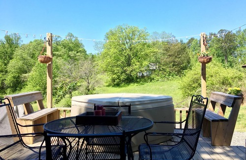 Clayton House | Red Tiny House In The Mountains - waterfall, jacuzzi and stunning farm views