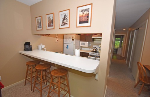 Glen Arbor Condo | Riverfront condo with water views, deck, fireplace, W/D, and community firepit