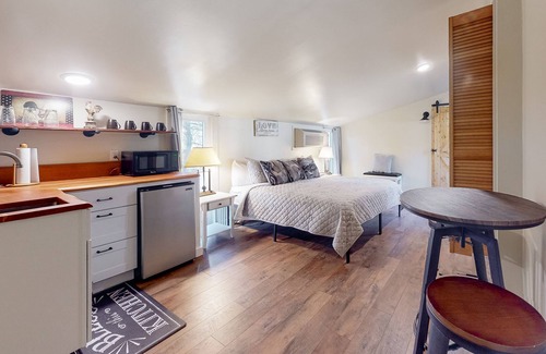 Eureka Springs Apartment | Studio with wooded outdoor area, partial AC, kitchenette & grill