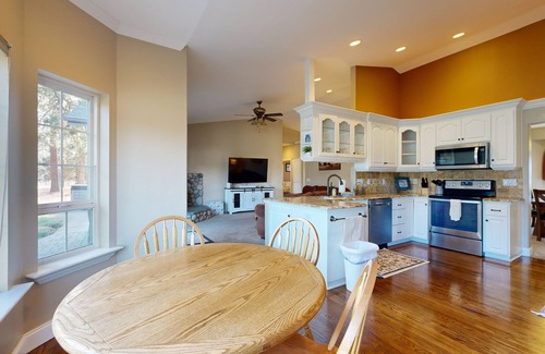 Sisters House | Tree-lined retreat with a hot tub, grill, game room, & W/D - mountain views