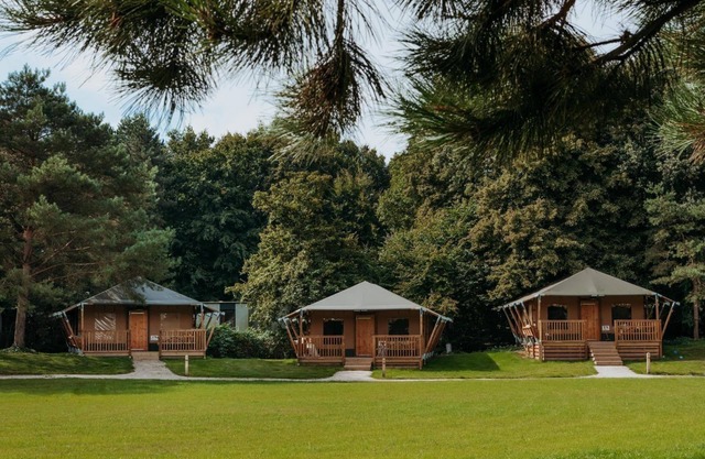 3 glamping lodges side by side