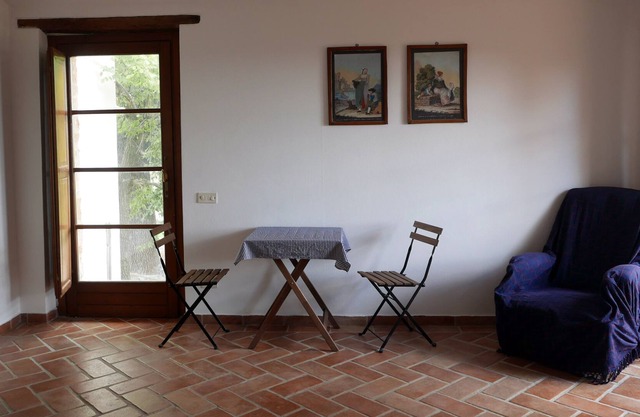 Apartment with double bed, bathroom, small kitchen and large terrace.