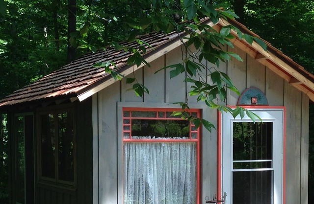 Artist cabin overlooks the pond. A peaceful setting.