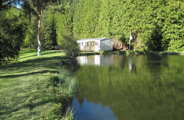 Comfortable mobile home with terrace on the edge of fishing ponds; small boat.