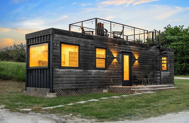 Container home with rooftop views and pickleball
