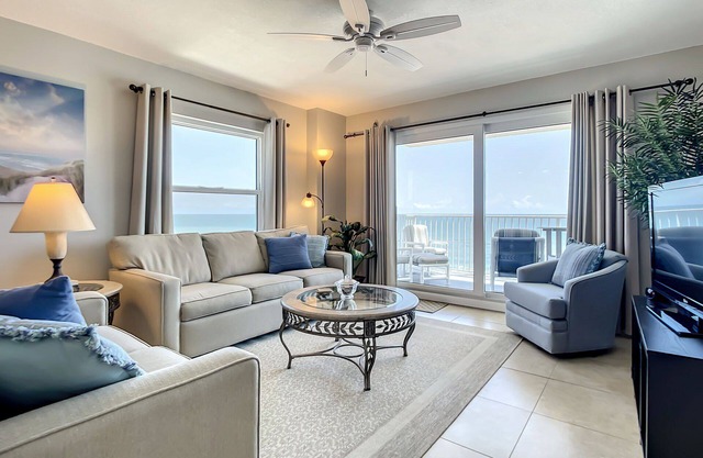 Direct oceanfront penthouse with gorgeous corner condo views, a beachfront pool, and garage