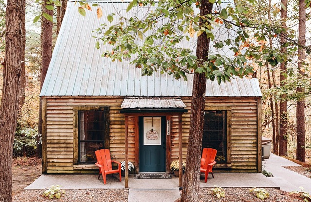 Evergreen Hideaway is a cabin nestled under tall pines.