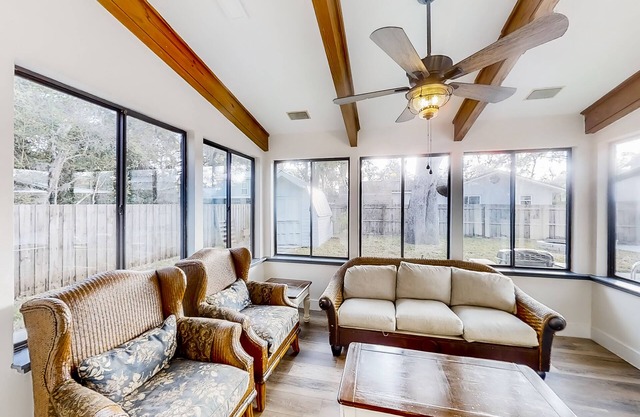 Inviting home with pool, full kitchen, enclosed yard, firepit, central AC, & W/D