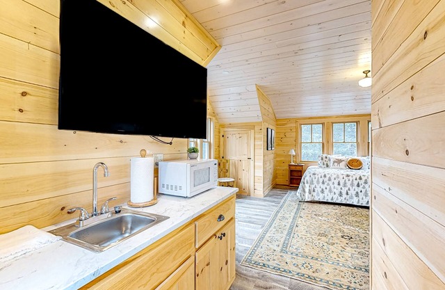 Lakefront, dog-friendly studio with firepit and lake & mountain views