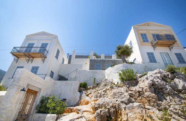 Luxury family villa with panoramic views of Symi, jacuzzi and beach access