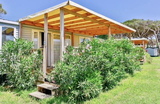 Nice and welcoming mobile home located near the beach with air conditioning of approximately 32 m2 composed of a living room, kitchenette with gas stove, fridge with freezer, pots and pans.A bedroom with a double bed and two other bedrooms with two singl