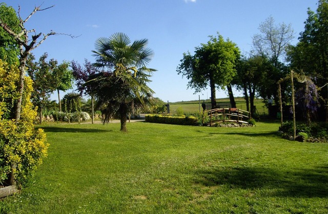 Rural lodging chenes in a cardre of greenery and flowers.