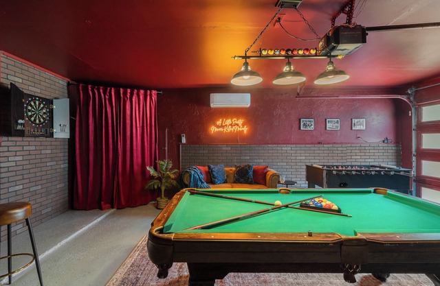 Speakeasy-game room, Gatsby-themed, heated stock tank pool
