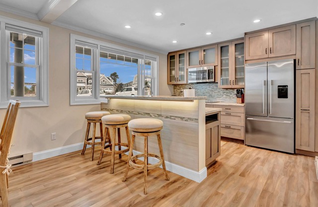 These luxury condos are located directly on the white sands of Pine Point Beach