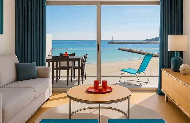 Wonderful 2-bedr. apartment on the beach, balcony overlooking the sea, indoor pool and parking lot
