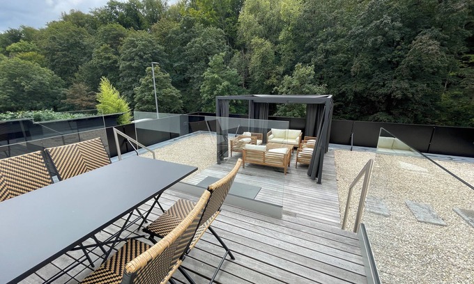 Steinbachtal House | 160 sqm atrium luxury apartment, fireplace, sauna, rowing machine, BBQ, large terrace, forest