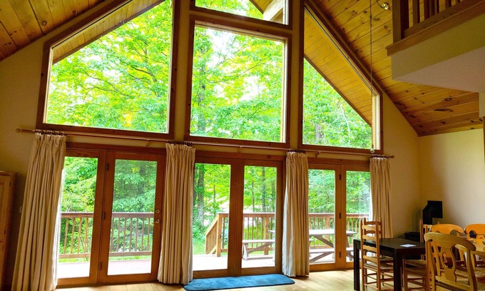 Cummington House | 3BR Riverfront Log Home with Steam Sauna, Soaring Glass Wall & Private Forest