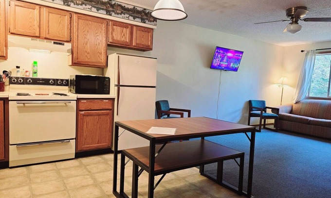 Ironwood Apartment | Be Self Sufficient at our resort! Condo #1 inside the Lodge at North Ironwood Acres Resort. A private two level apartment style rental that sleeps 1-8 people. Kitchenette. 5 beds! 2 bathrooms. DOG FRIENDLY!