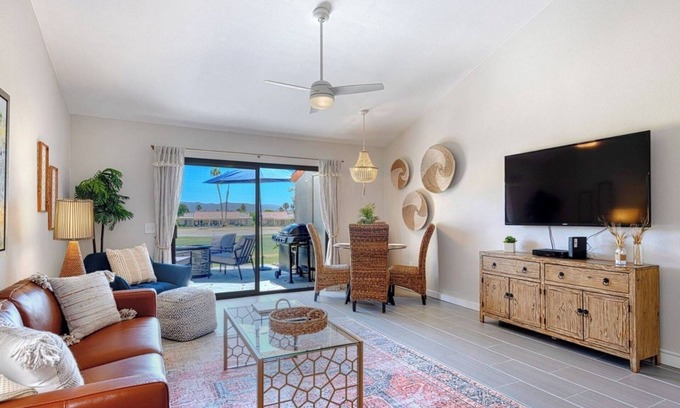 Palm Desert Villa | Cactus Golf Villa at Palm Desert Resort - fire pit, patio, golf course view