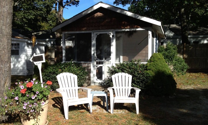Bass River Cabin | Charming Cabin for 2 w pool, 1mile to ocean, BBQ, Pet ok, walk to mini golf/food