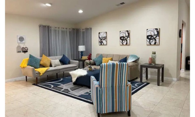 Moreno Valley House | Cheerful 4-bedroom home with fireplace