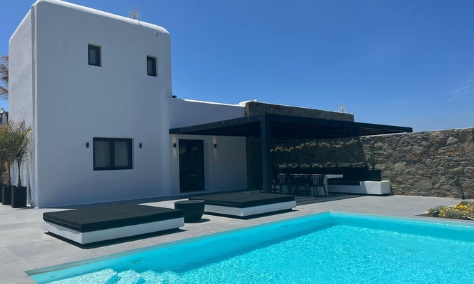 Ftelia Villa | DESIGN VILLAS WITH THE MOST BEAUTIFUL SEA VIEW! BLACK AND WHITE VILLAS MYKONOS