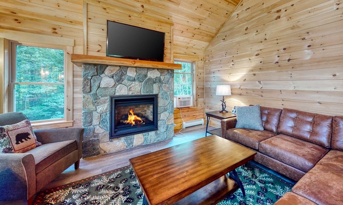 Carrabassett Valley Cabin | Gorgeous dog-friendly home with deck, hot tub, gas fireplace, & spectacular view