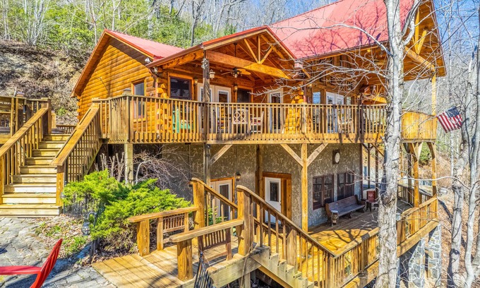 Whittier House | Gorgeous mountain-view home with huge decks, hot tub, game room, & fireplaces
