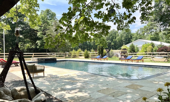Columbia House | Iconic Forest Retreat with Pool & Hot Tub in the Delaware River Valley