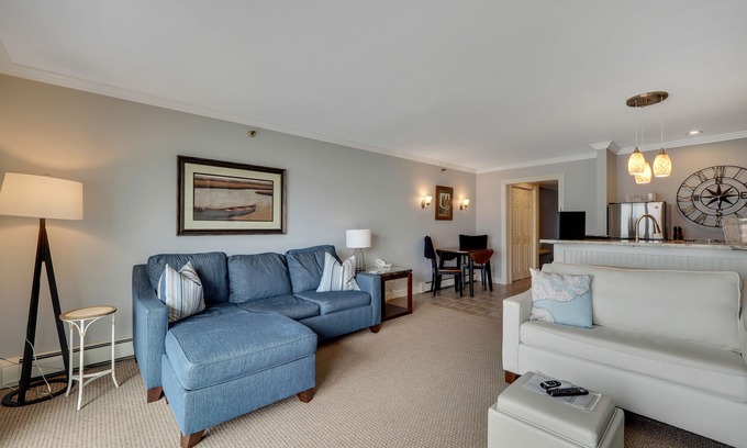 Boyne City Condo | Lake Charlevoix Views from Above | Private Balcony + Beach Access | Fireplace