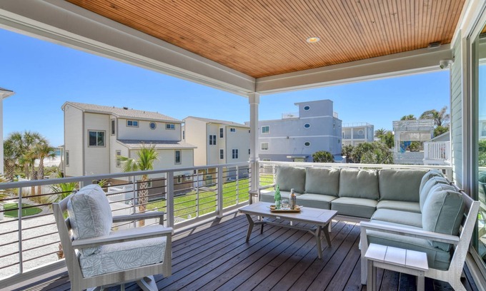 Vilano Beach House | Luxury Home Steps to Beach! 4 Masters, Firepit, Ping Pong, Putting Green, EV charger, Balconies, ADA