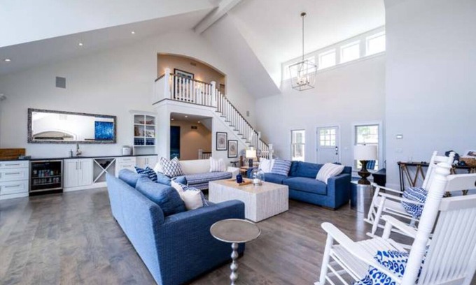 New Buffalo House | Luxury lakefront home w/heated saltwater pool, cabana at top of beach stairs