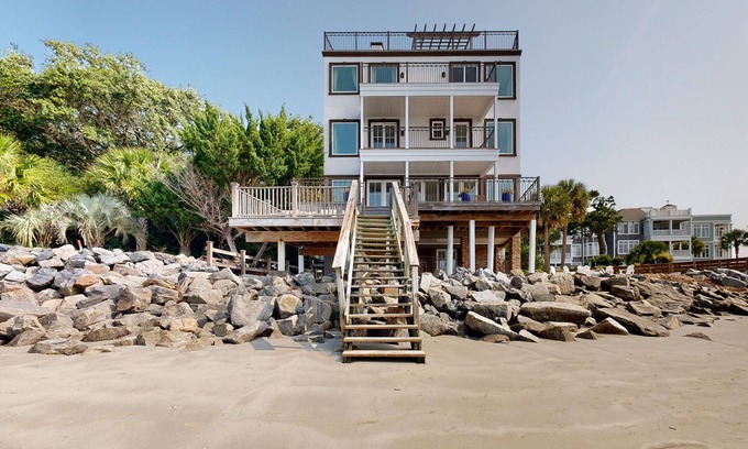 Saint Simons Island Villa | Luxury Oceanfront Villa with pool, firepit, & rooftop view-Walk to Pier Village!