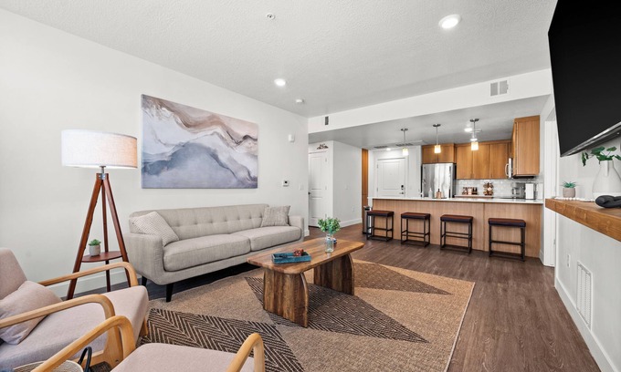 Rio Grande Apartment | Modern Downtown 2BR 2BA Near Delta Center with Fire Pit, BBQ, and City Views