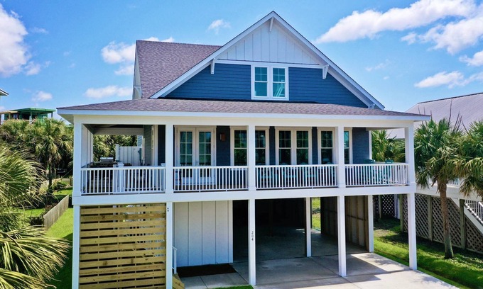 North Carolina Coast House | New Modern House w/Large Deck, Water View, Elevator, Dog Friendly + Big Fenced Yard